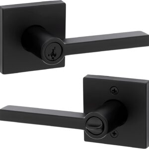 Kwikset Halifax Entry Door Handle with Lock and Key, Secure Keyed Reversible Lever Exterior, For Front Entrance and Bedrooms, Matte Black, Pick Resistant Smartkey Rekey Security and Microban