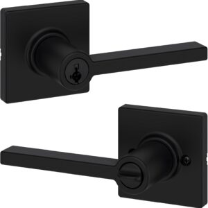 Kwikset Casey Entry Door Handle with Lock and Key, Secure Keyed Reversible Lever Exterior, For Front Entrance and Bedrooms, Matte Black , Pick Resistant Smartkey Rekey Security and Microban