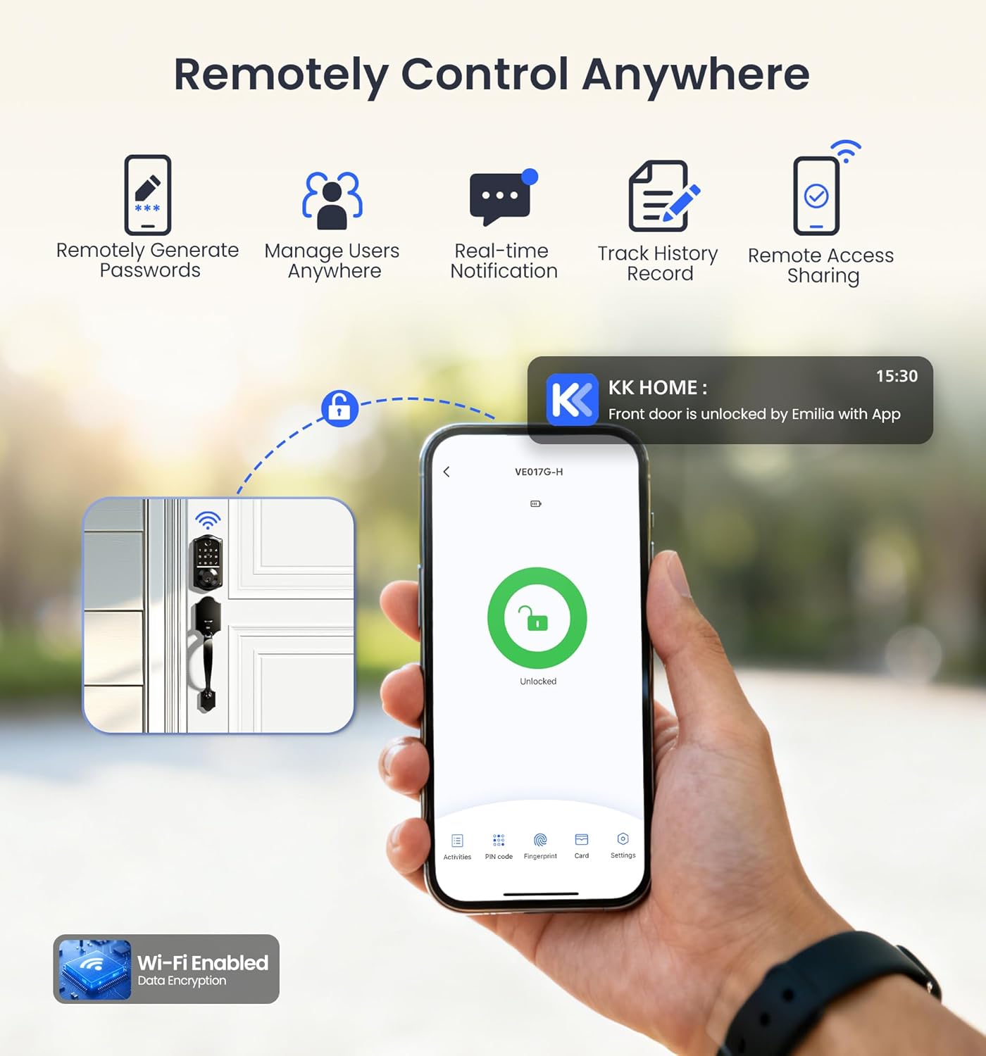 Veise VE017G-H Wi-Fi Smart Fingerprint Front Door Lock Set, Remote App Control, Keyless Entry Deadbolt with Handle, Backlit Keypad, IP55 Weatherproof, Auto Lock, Easy to Install, Matte Black - Image 3