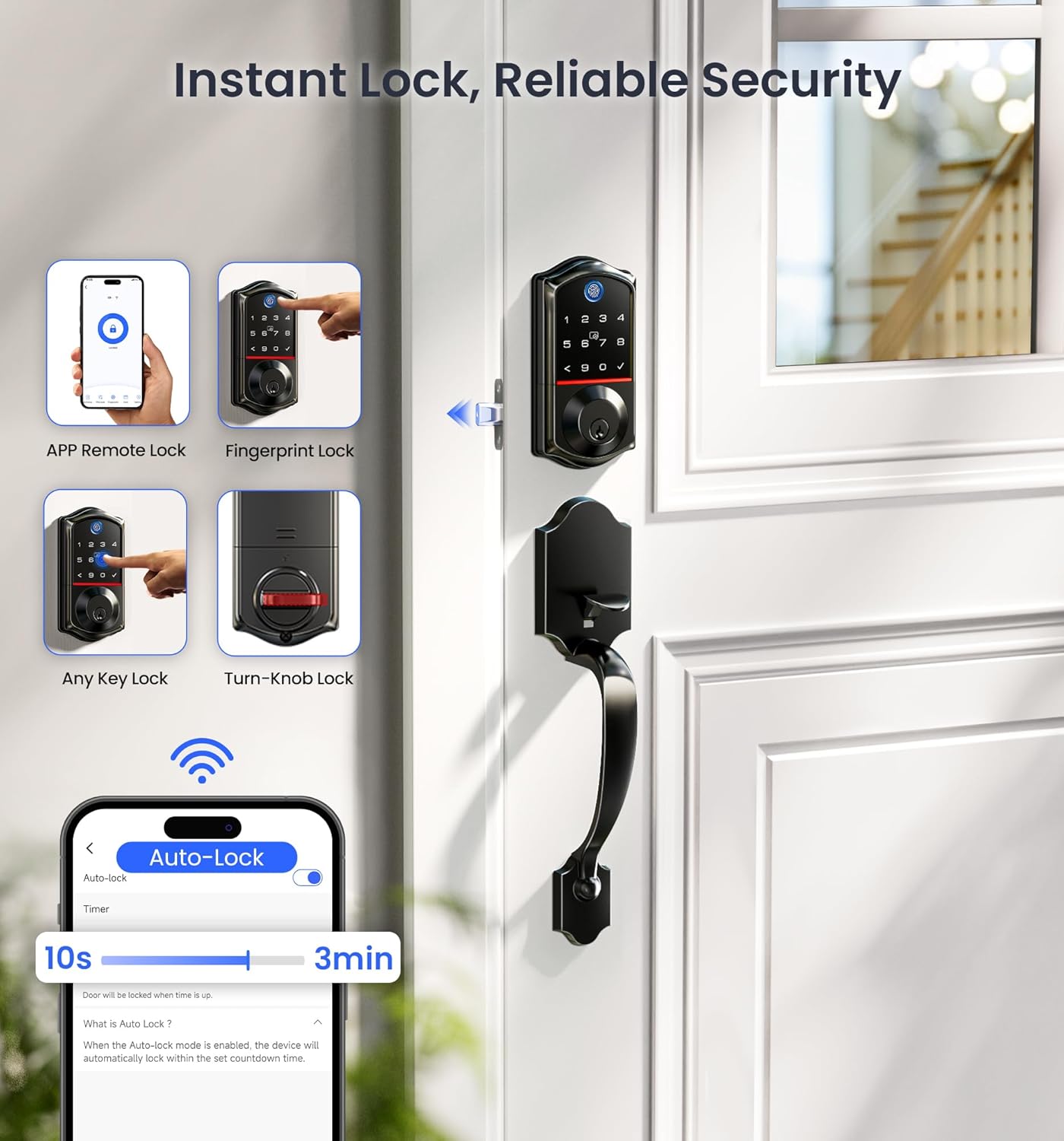 Veise VE017G-H Wi-Fi Smart Fingerprint Front Door Lock Set, Remote App Control, Keyless Entry Deadbolt with Handle, Backlit Keypad, IP55 Weatherproof, Auto Lock, Easy to Install, Matte Black - Image 7
