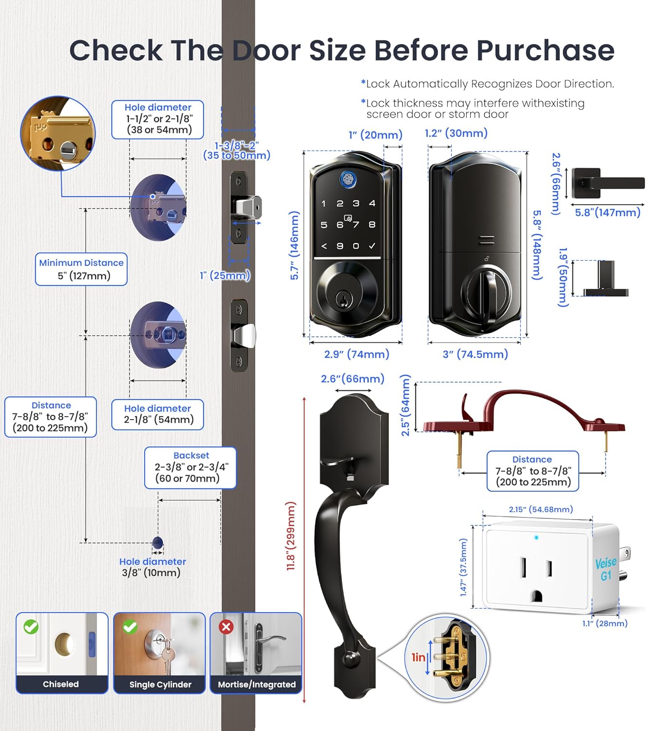 Veise VE017G-H Wi-Fi Smart Fingerprint Front Door Lock Set, Remote App Control, Keyless Entry Deadbolt with Handle, Backlit Keypad, IP55 Weatherproof, Auto Lock, Easy to Install, Matte Black - Image 9